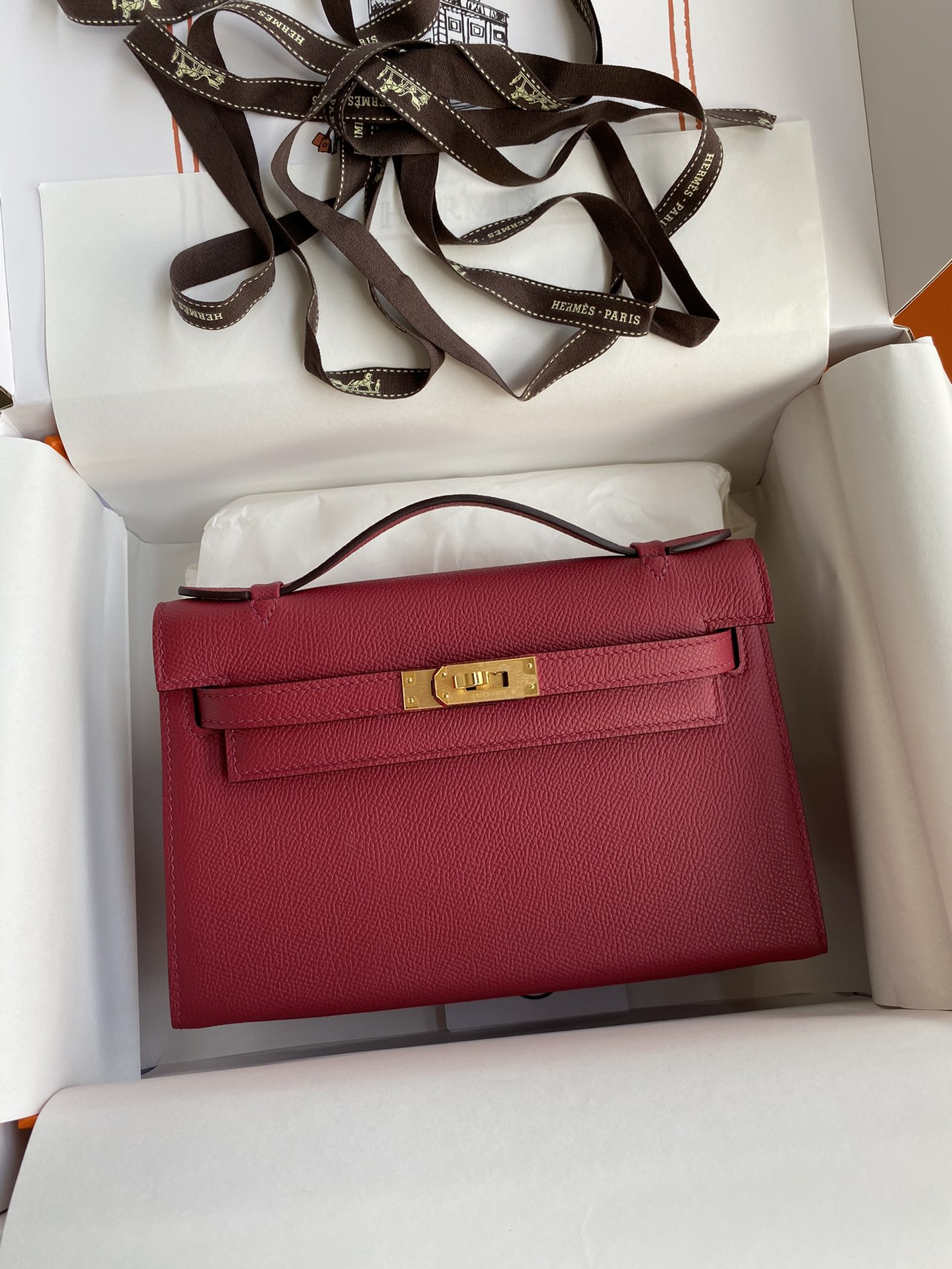 Hermes Mini Kelly Pochette 22cm Bag In Burgundy Epsom Leather